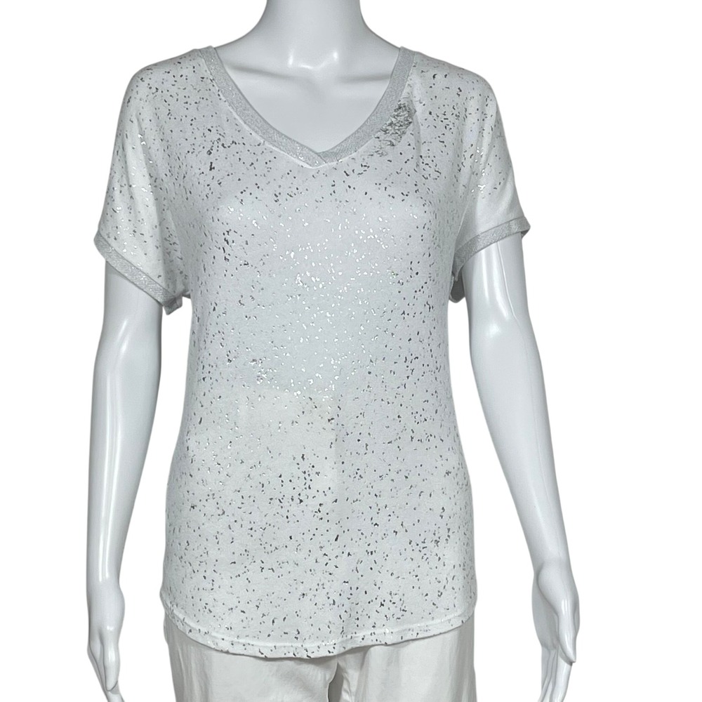 Made in Italy Silver Metallic Foil Splatter V-Neck Top White One Size Blanco